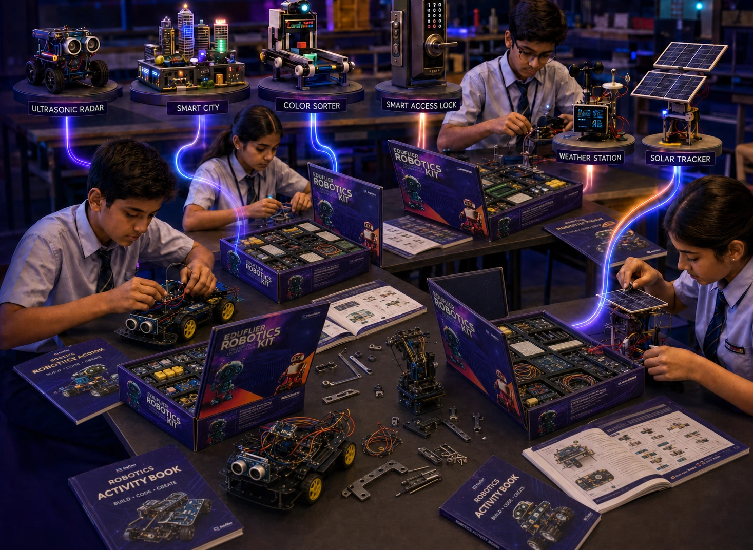 Students actively building robotics projects from open Eduflier robotics kits