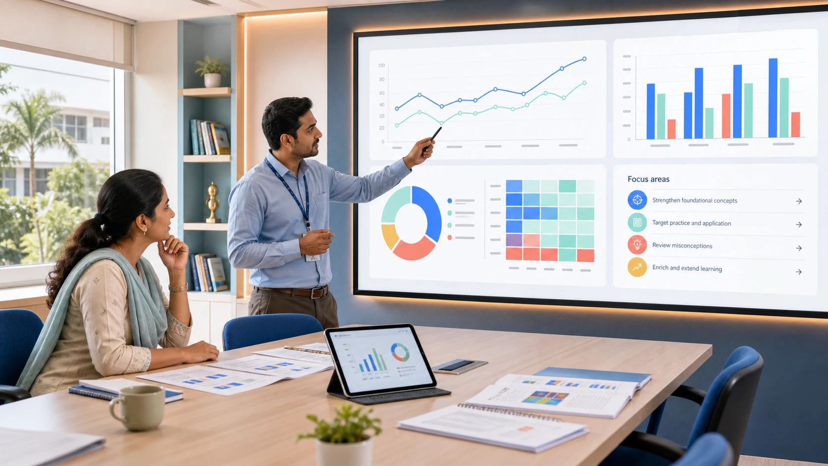 A mature assessment and analytics workspace with concept-level charts and class patterns