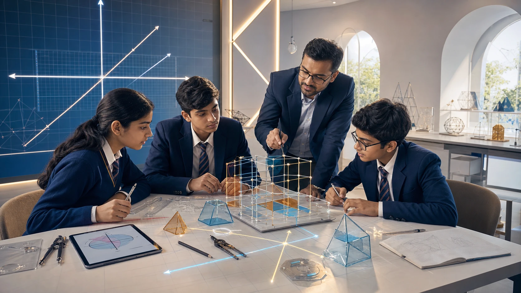 Students exploring advanced mathematical patterns through an immersive visual model