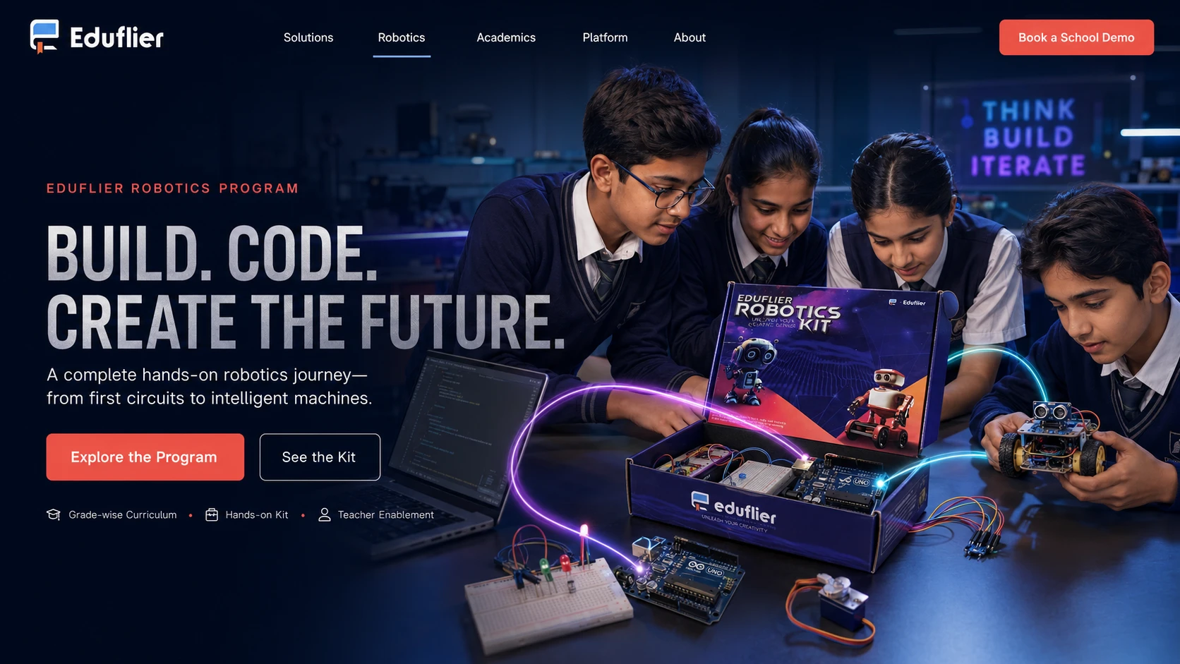 Students using open Eduflier robotics kits, components and working prototypes in a laboratory