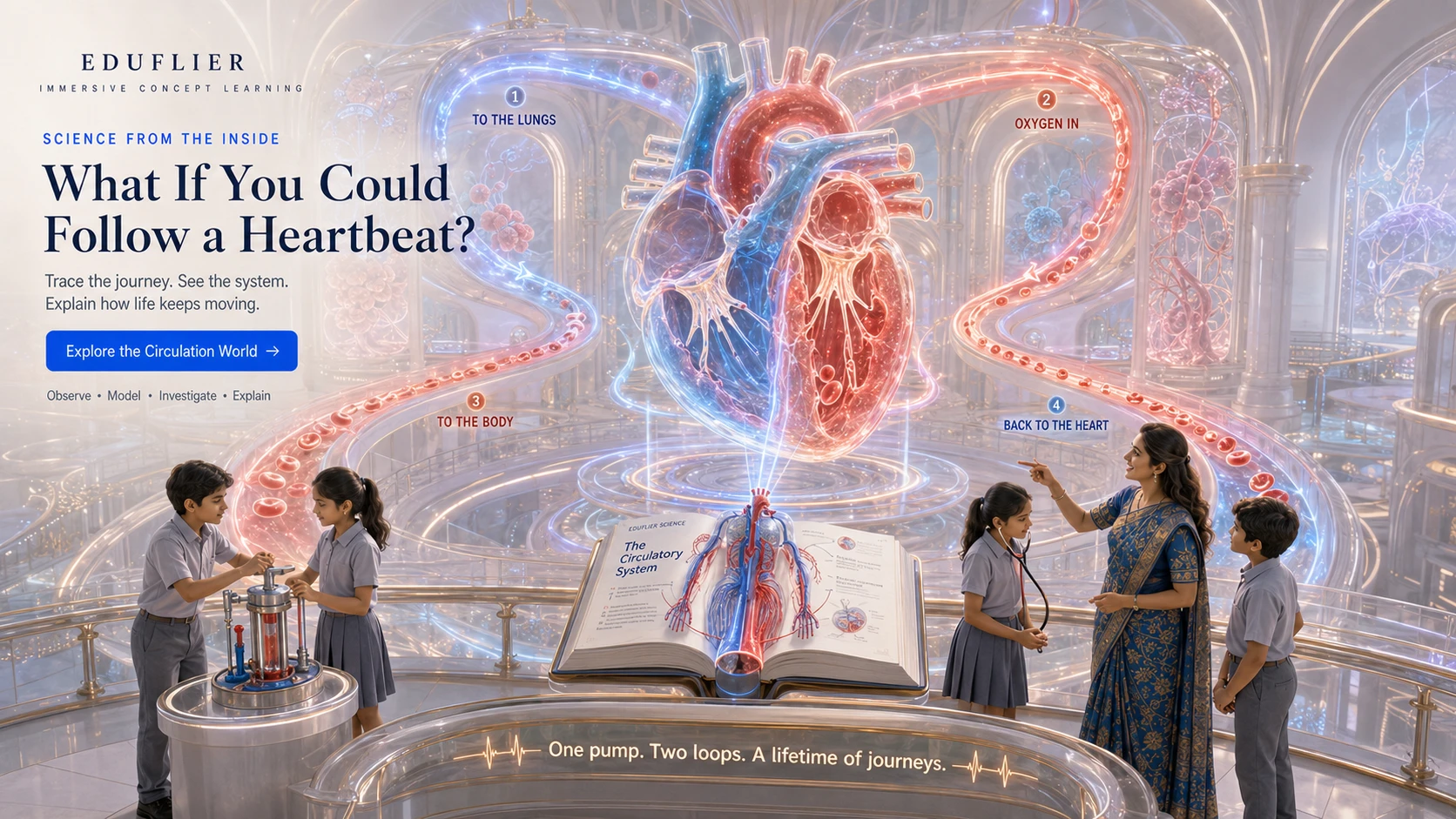 An immersive science concept world emerging from an open learning book